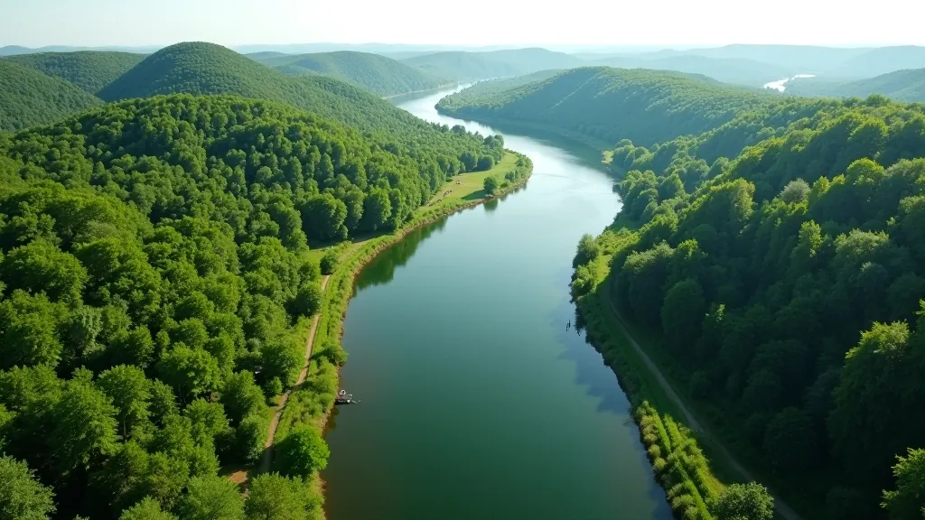 Nemuno upės kilpų žemėlapis iš paukščio perspektyvos, nuostabus peizažas