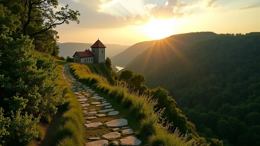 Pilies peizažas su Nemuno kilpa fone, žalia gamta ir istorinis paveldo vaizdas